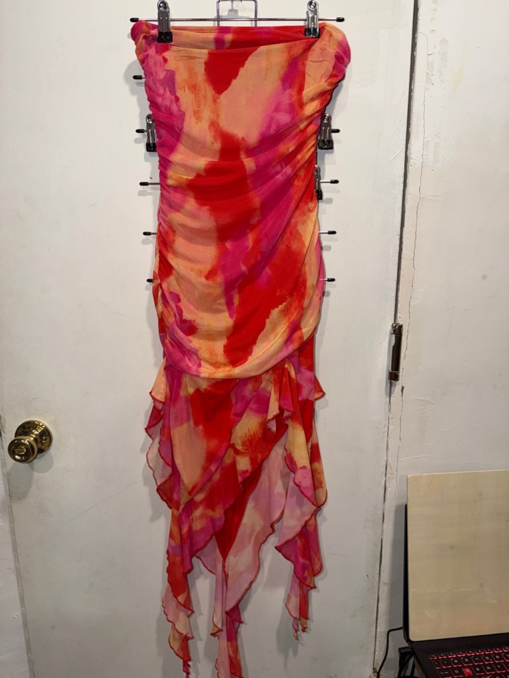 SHEIN Strapless Asymmetrical Watercolor Dress in Pink & Red